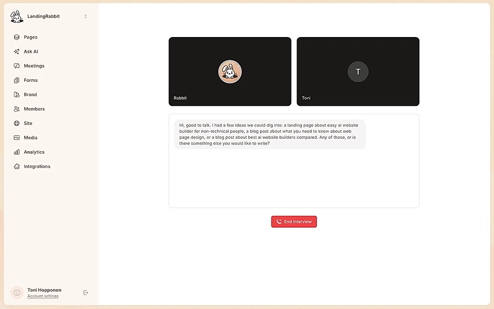 LandingRabbit's page interview room where LandingRabbit asks you questions about a topic