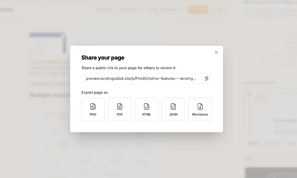 Share and export your page modal with public link and export options for PNG, PDF, HTML, JSON and Markdown.