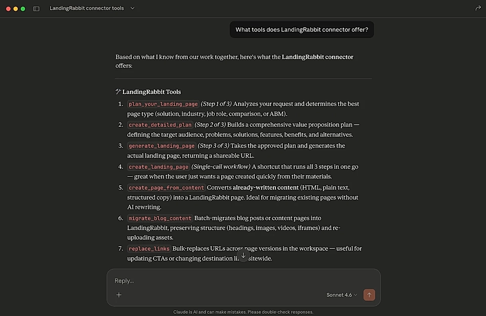 Screenshot of LandingRabbit connector tools, listing features for creating landing pages and managing blog content.