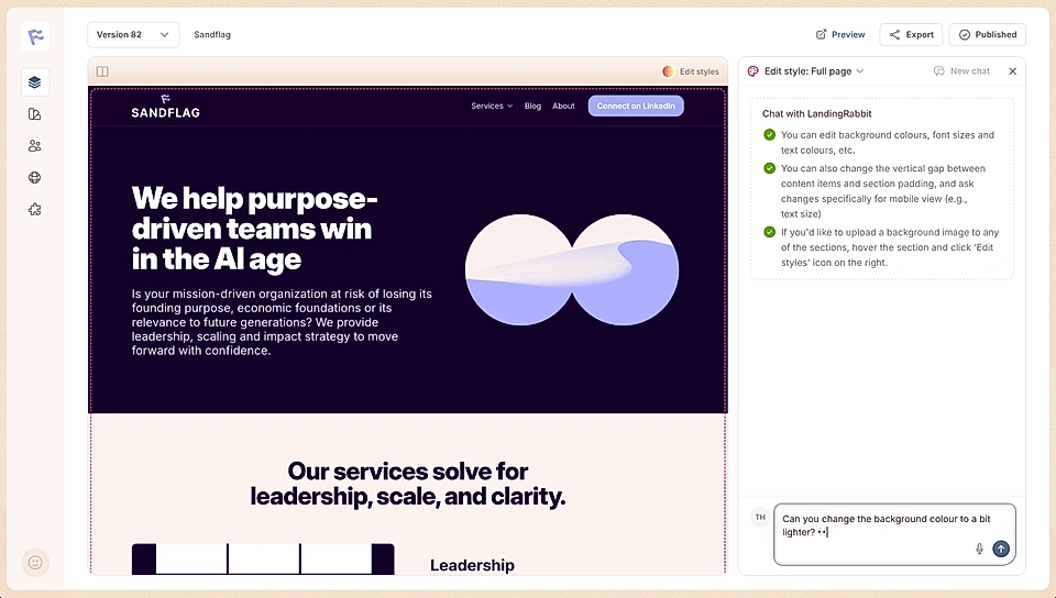 Website design interface showing 'SANDFLAG' with text on AI-driven teams and services for leadership clarity.