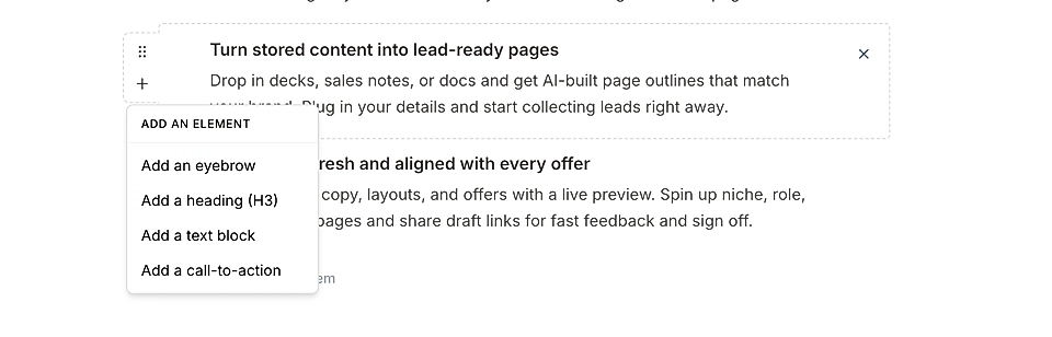 LandingRabbit page editor for Alternate section items. Editor showing what content items you can add (eyebrow, h3, text block, CTAs)