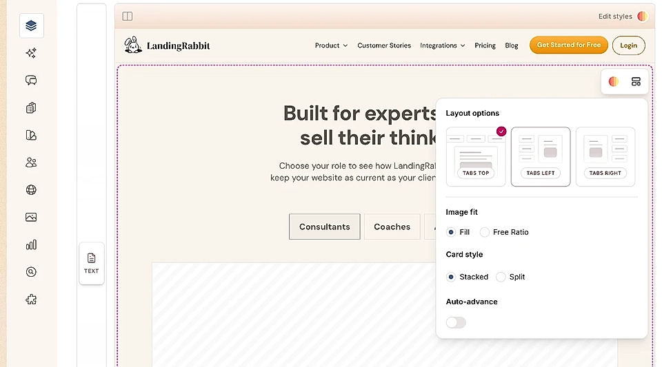 Change layout options in the Tabs section