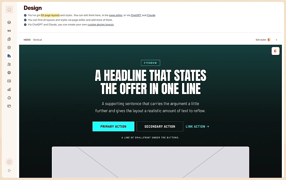 LandingRabbit website design editor with a hero section preview, headline text, and call-to-action buttons.