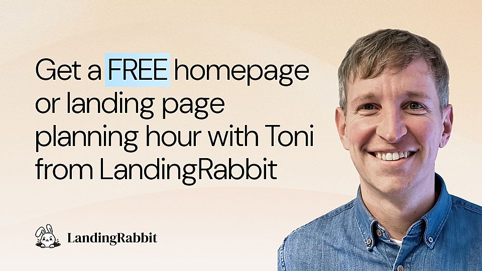 Promotional banner with smiling man and text offering a free homepage or landing page planning hour.