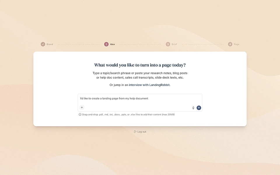 LandingRabbit page creation step one. Ask LandingRabbit to interview you, record a voice note, or upload any materials