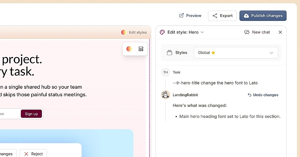 LandingRabbit AI styles chat and user asking for a change for the font type from Google Fonts