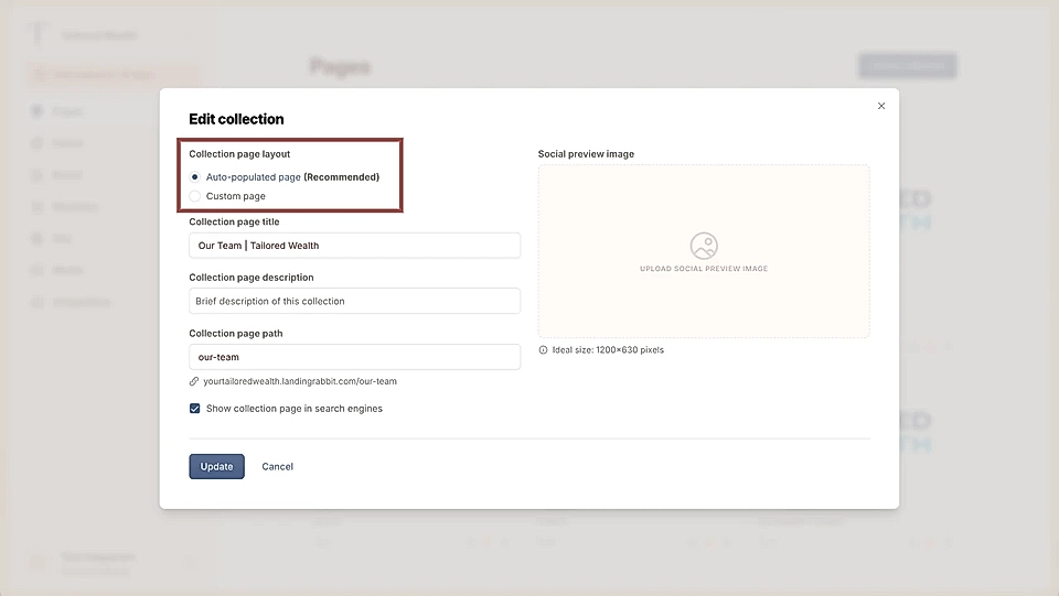 LandingRabbit's 'Edit collection' interface with options for layout, title, description, and social preview image.