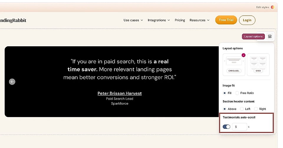 LandingRabbit website editor showing testimonial carousel and layout options panel with the auto-scroll