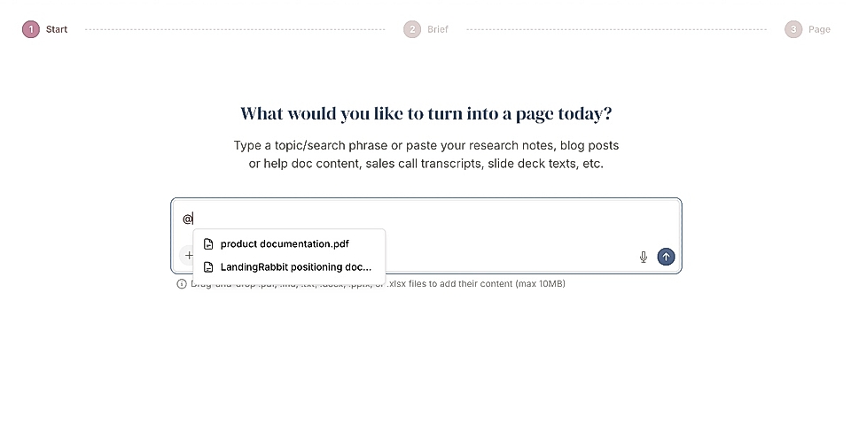 LandingRabbit's new page creation interface prompting users to input topics and add documents for content creation.