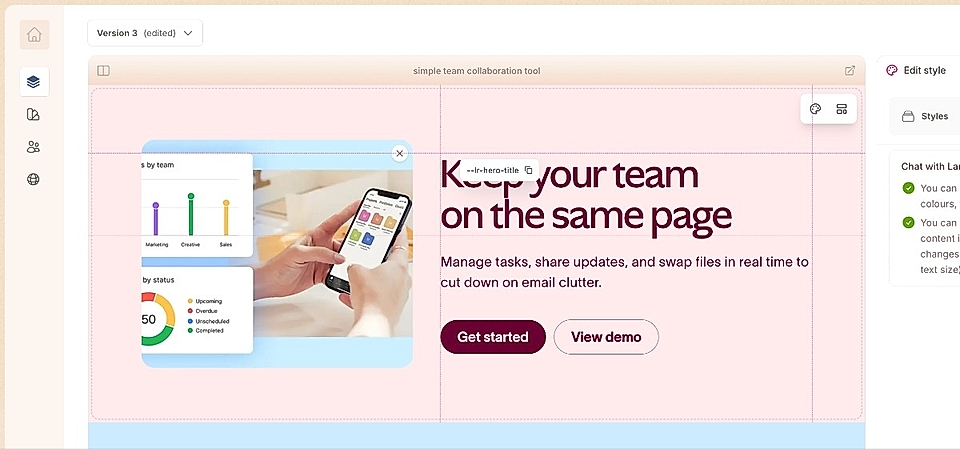 LandingRabbit page builder with page element tips showing up when hovering the layout