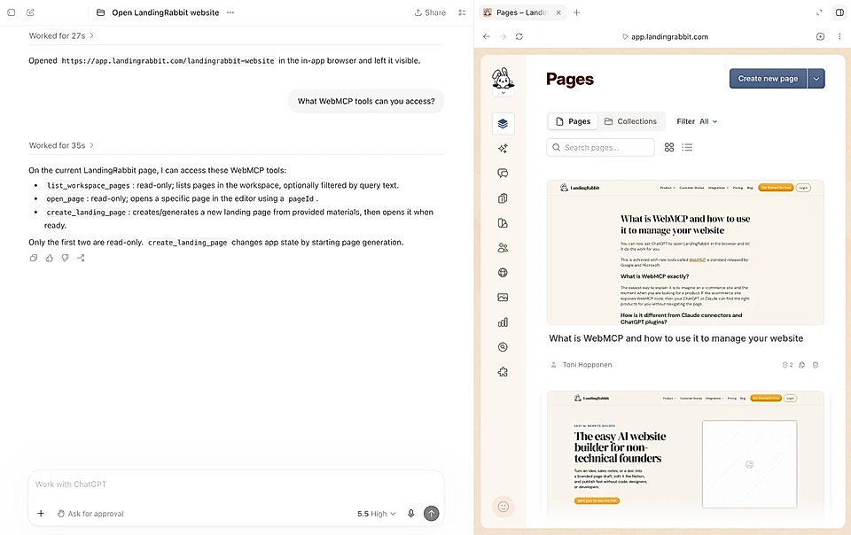 Split-screen view of the ChatGPT app and LandingRabbit Pages dashboard