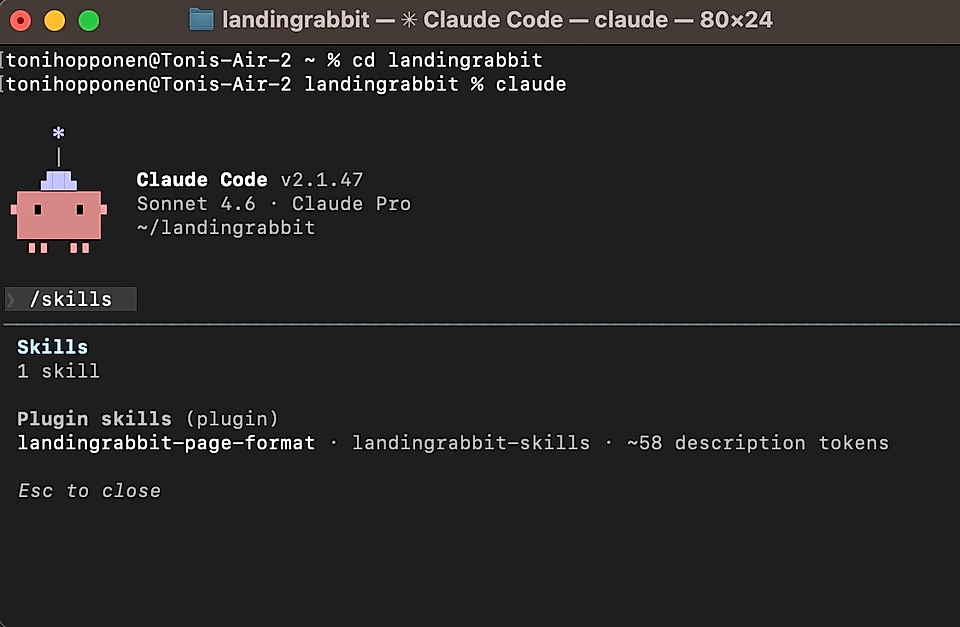 Screenshot of a terminal window displaying Claude Code v2.1.47, listing skills and a plugin in a coding environment.