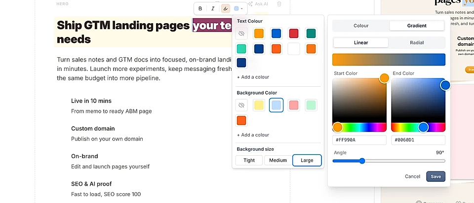 LandingRabbit text highlight tool and tools to choose a gradient