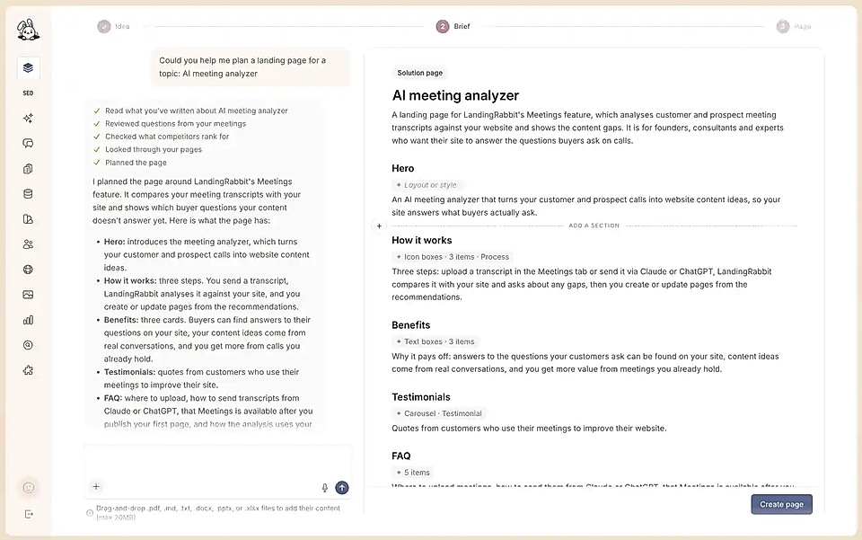 LandingRabbit page plan showing an AI meeting analyzer brief and page structure sections.