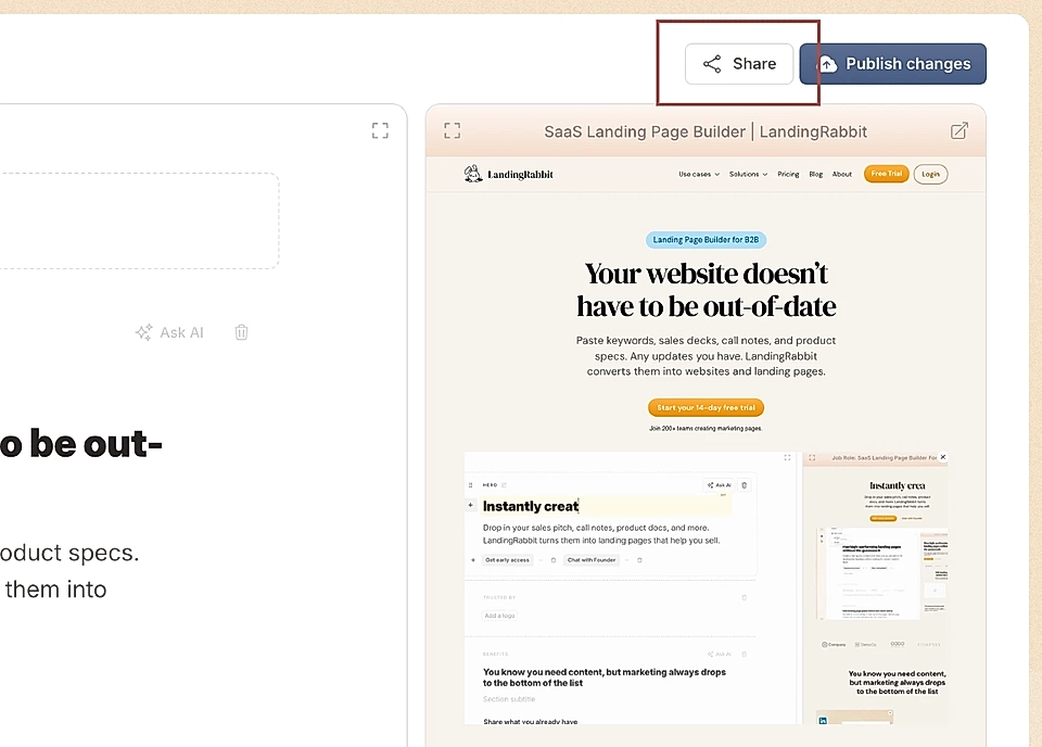 Screenshot of LandingRabbit's SaaS landing page builder interface, highlighting 'Share' and 'Publish changes' buttons.