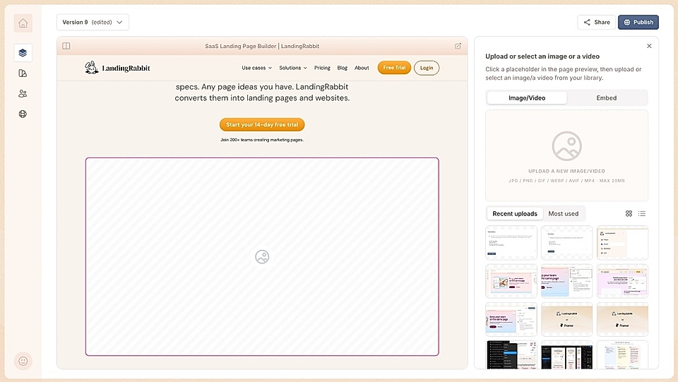 LandingRabbit SaaS landing page builder interface showing the image/video upload and the media gallery