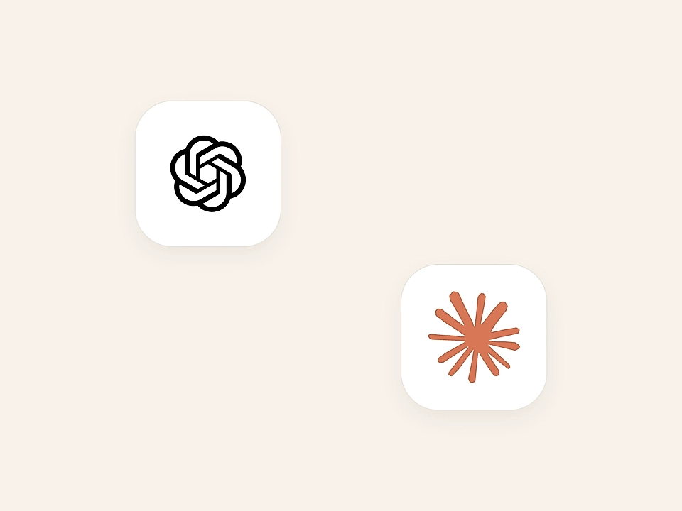 Minimal graphic with two app-style icons on a beige background: OpenAI logo and an orange starburst symbol.