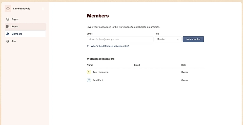 Screenshot of the LandingRabbit SaaS platform's 'Members' section, showing options to invite members and list of current users.