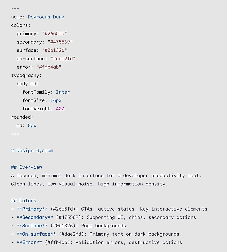 An example of the design.md file content showing color tokens, typography, rounded corners, and overview text.