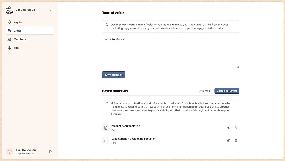 Screenshot of LandingRabbit dashboard, highlighting brand tone of voice and saved materials section.