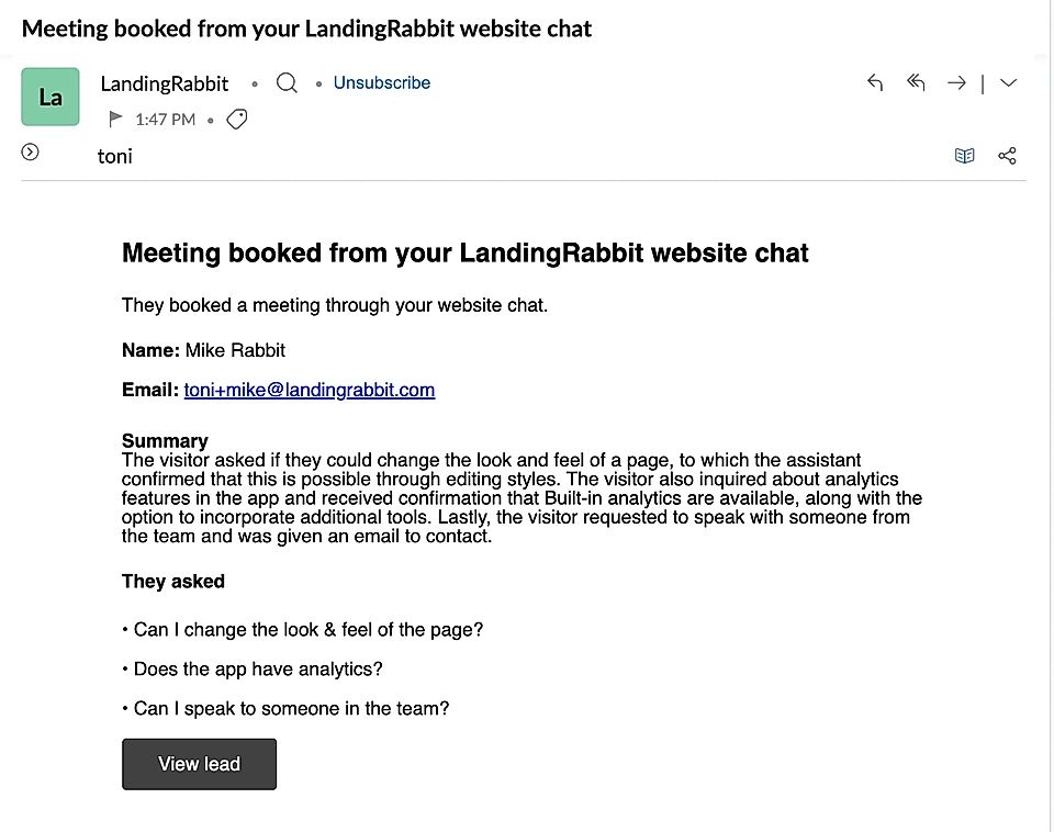 Email notification showing a meeting booked via Ask AI chat widget with lead details and questions.