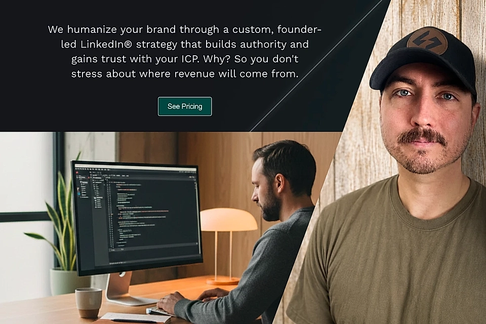 Founder-led LinkedIn marketing banner with laptop coder, portrait, and a See Pricing button