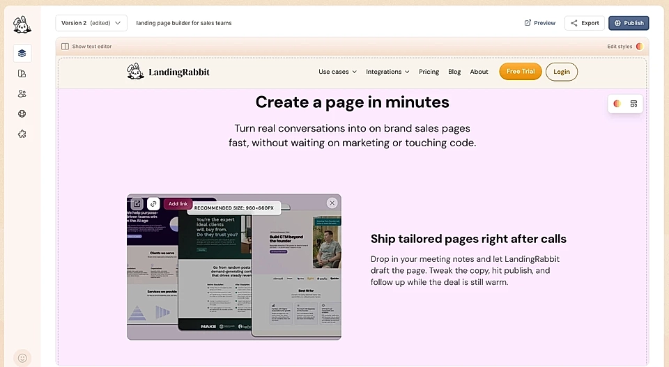 LandingRabbit page editor with "Add link" button on top of the image