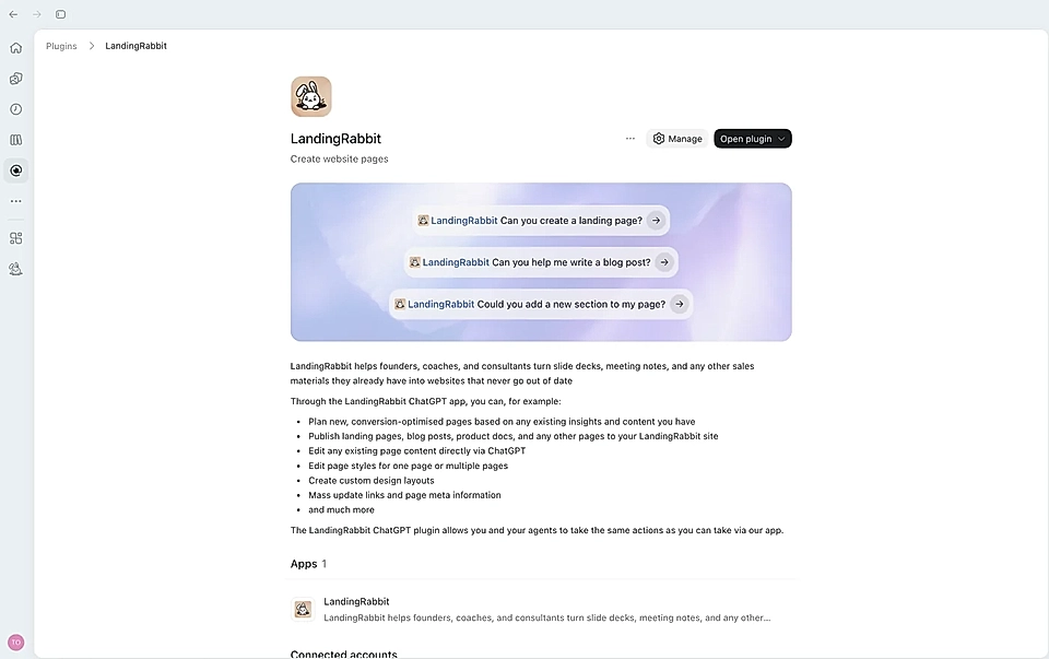 Plugin management page for LandingRabbit with create website pages actions and feature list