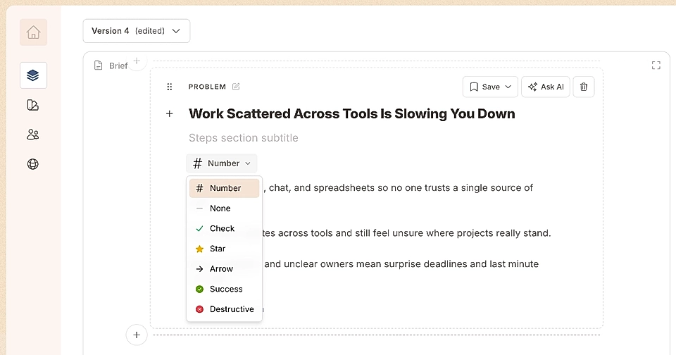 Screenshot of a website editing tool displaying formatting options and custom icons for lists