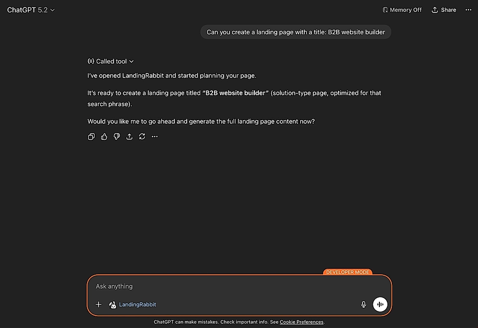 A screenshot of a chatbot interface planning a B2B website builder landing page using LandingRabbit.