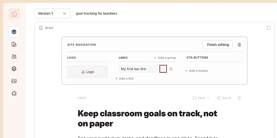 Screenshot of a website design editor displaying navigation settings and a call-to-action button for teachers.