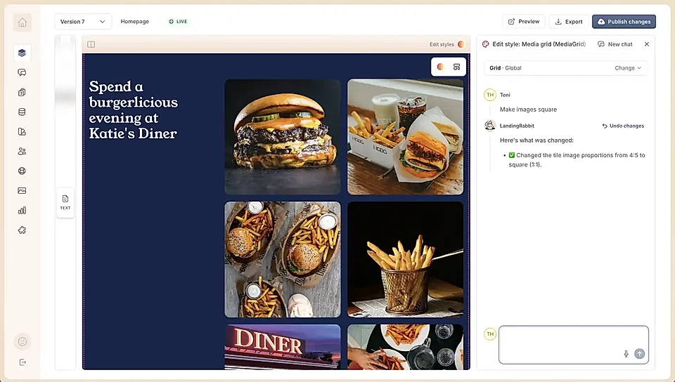 Website editor displaying a diner-themed page with burger and fries photo tiles, alongside an AI chat panel for editing the media grid.