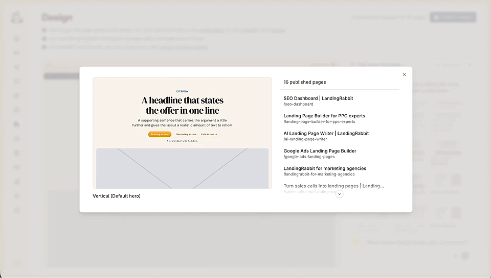 Design tab showing a list of published pages for a layout and Style