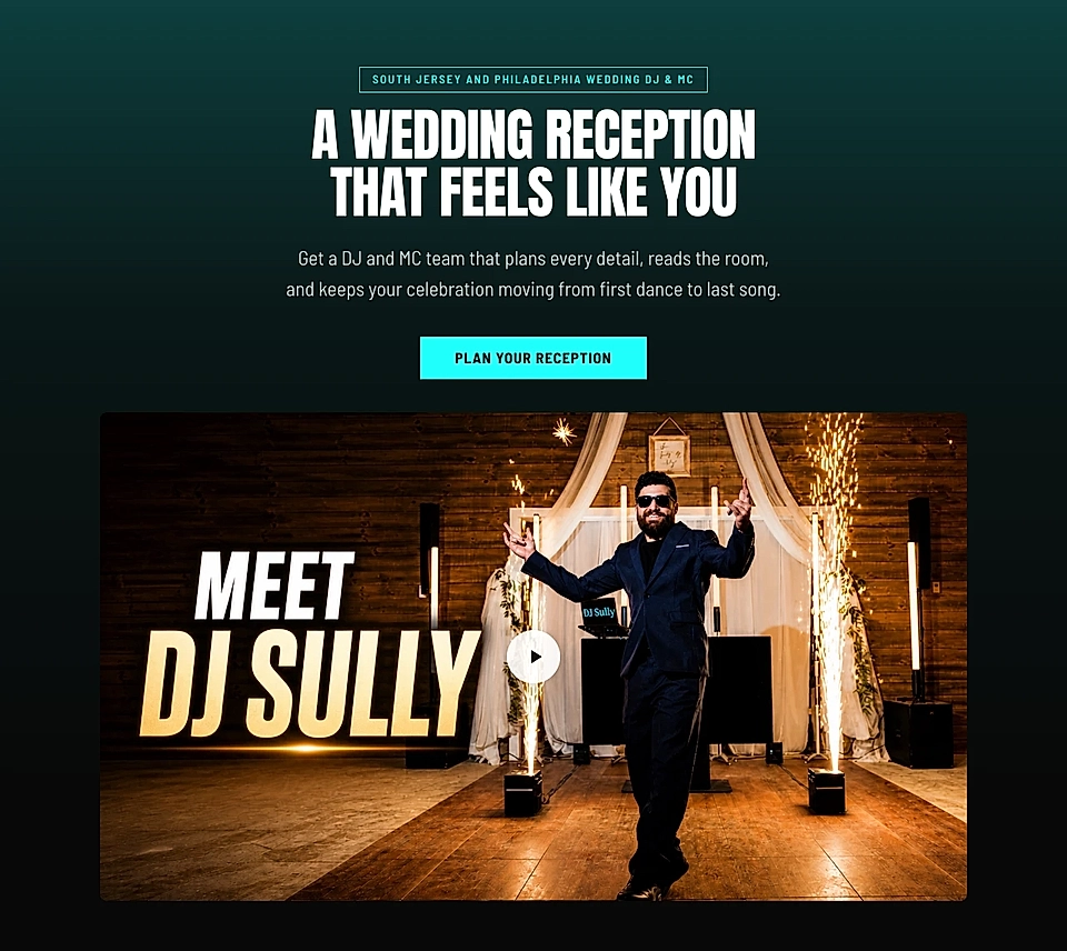 Wedding DJ website homepage with a large headline, call-to-action button, and featured DJ video banner.