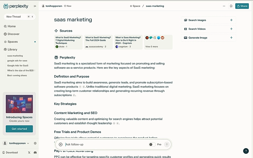 Perplexity’s answer on the search term 'SaaS marketing'