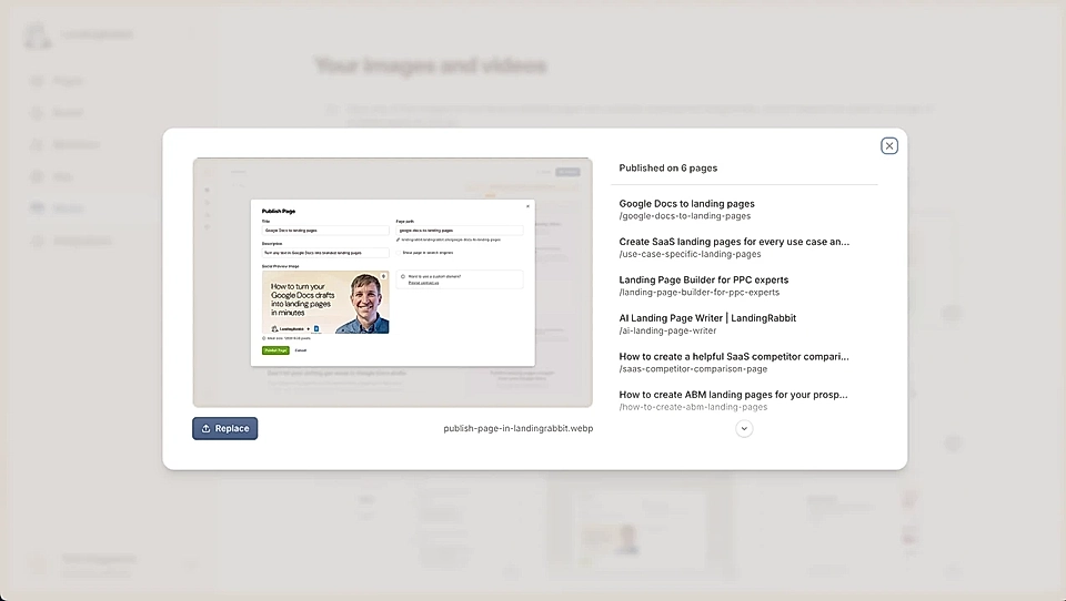 LandiingRabbit replace images tool with published pages listed on the side.