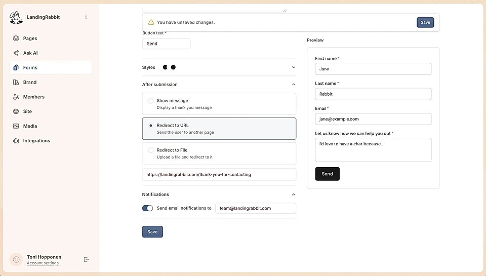 LandingRabbit form builder interface with redirect options: message, URL, or file