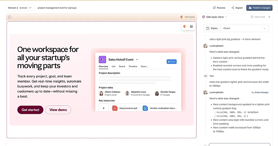 LandingRabbit's page editing view and a user's request to add background element colour and increase the width