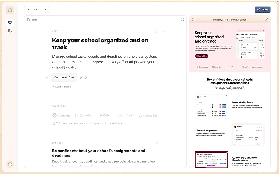 A Notion-like SaaS landing page editor with a live page preview