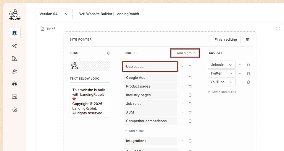 LandingRabbit site footer editing tools: edit link groups