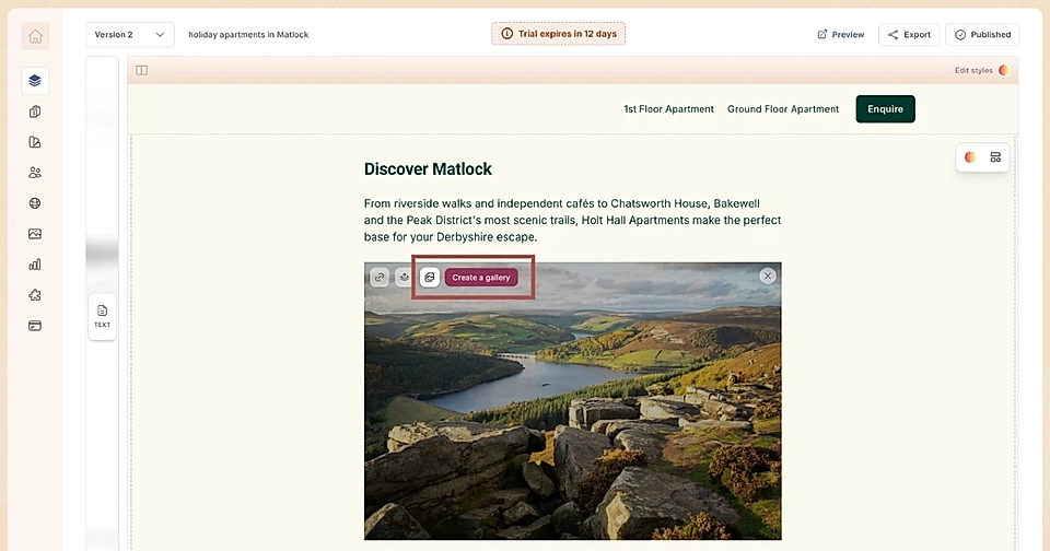 Hover on top of the image in the page preview to create an image gallery