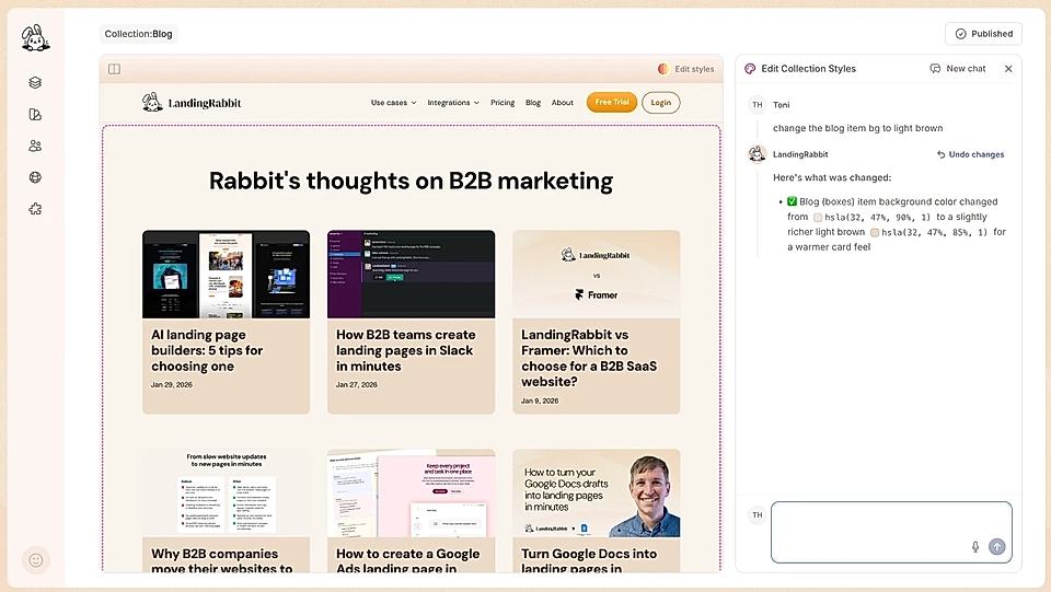 Screenshot of a blog dashboard titled 'Rabbit's thoughts on B2B marketing' with article previews and design options.