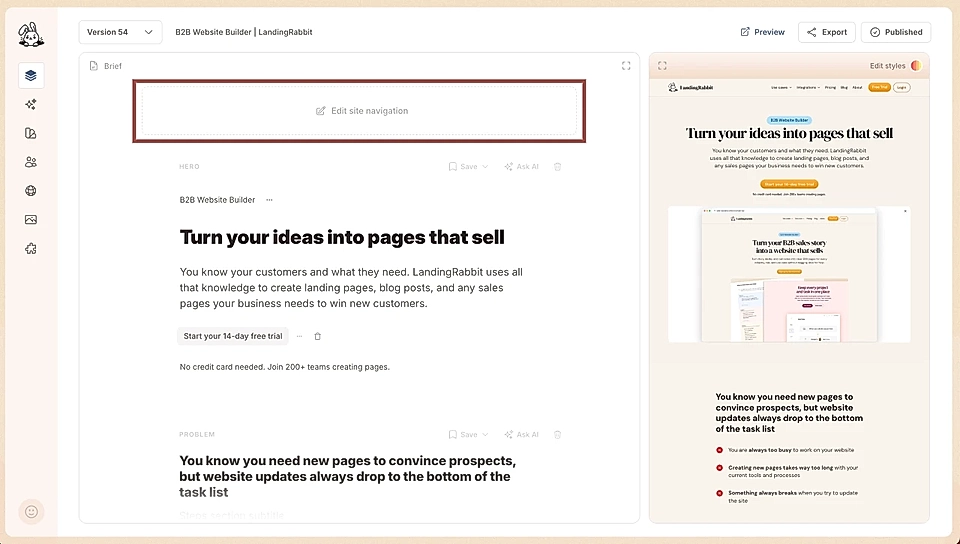 LandingRabbit's edit site navigation toolbar/button