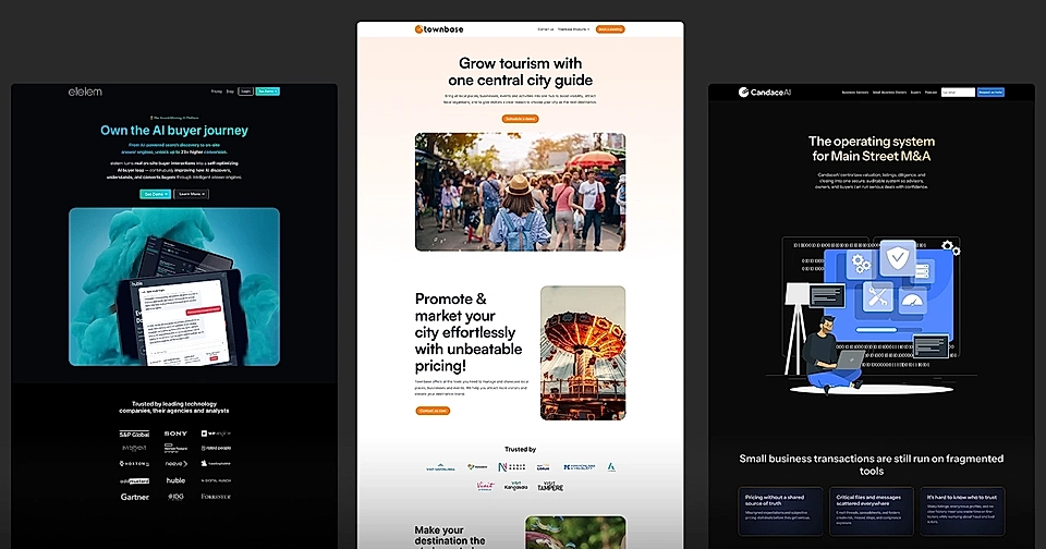 Three distinct SaaS marketing website landing pages showcasing AI solutions, tourism promotion, and business transactions.