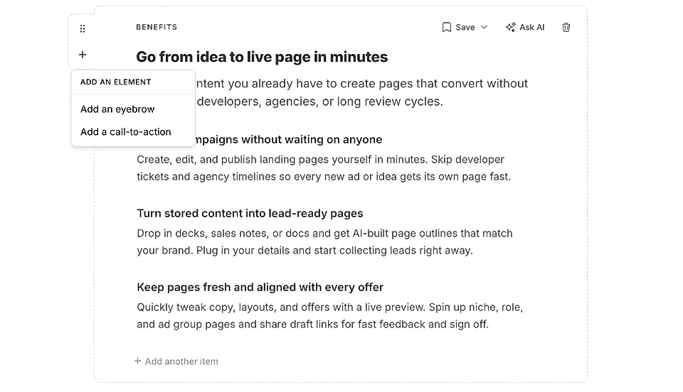LandingRabbit page editor for Alternate section with element selector for heading content