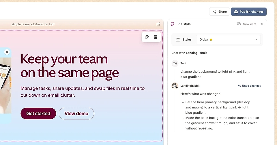 The LandingRabbit app and editing section look & feel via a chat interface