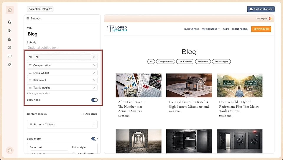 Edit Collection page layout in LandingRabbit and edit categories and their order on the page