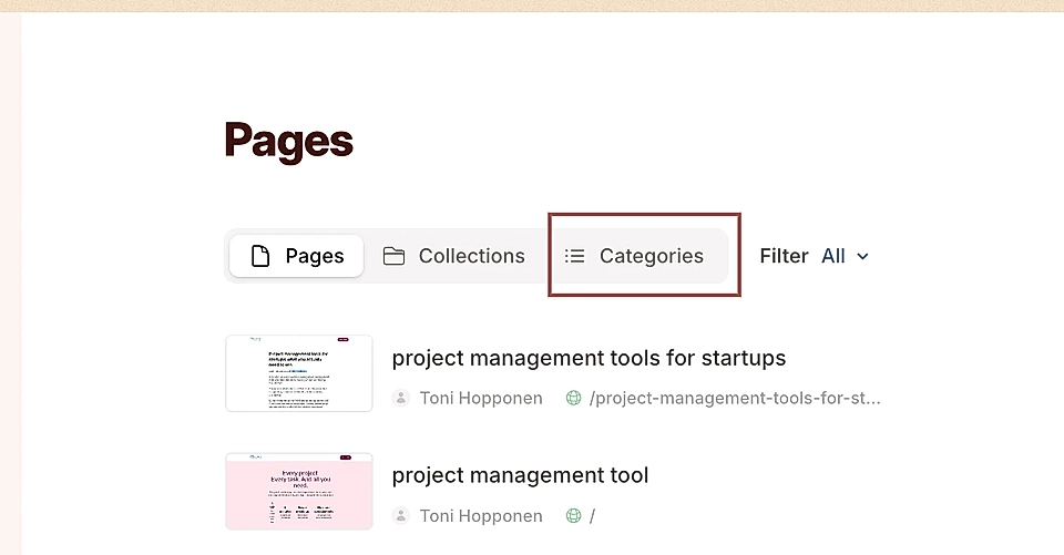 LandingRabbit dashboad with tabs to show 'Pages', 'Collections', and 'Categories'