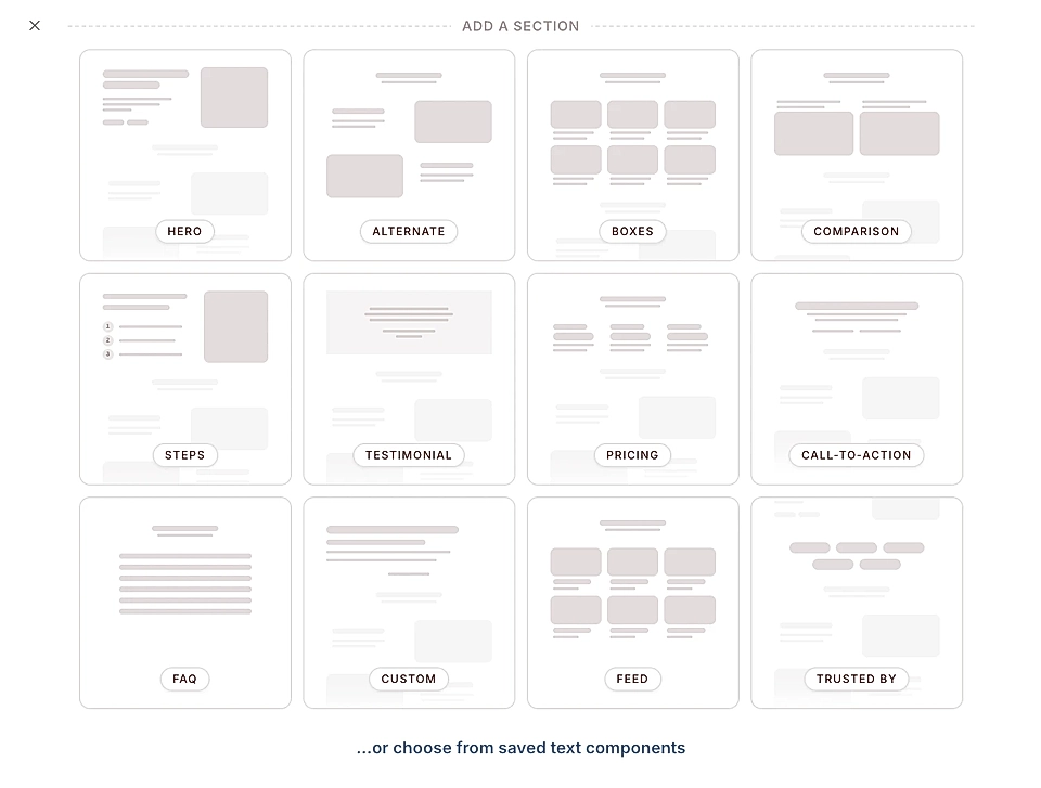LandingRabbit sections selection menu with layout templates: hero, alternate, boxes, comparison, steps, testimonial, pricing, CTA, FAQ, custom, feed, trusted by