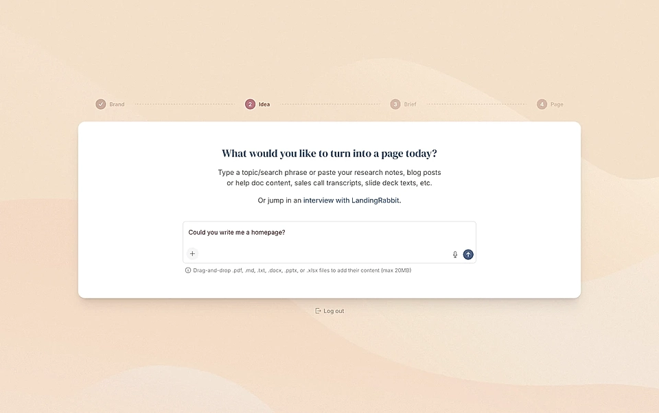 Web app form for turning ideas into a page, with a text input and step progress bar.